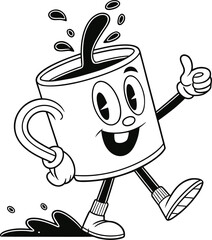Retro cartoon character coffee mug with a happy face and a thumbs up gesture spilling coffee while walking