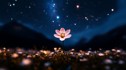 Low-angle shot of a single pink blossom emerging from a sea of wildflowers