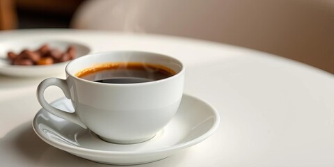 Obraz premium Close-up of steaming coffee in a white cup and saucer on a white table, morning, espresso