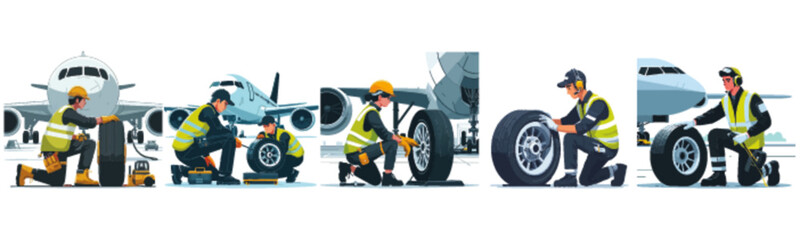 Naklejka premium Airplane maintenance crew diligently servicing aircraft tires and performing essential checks.