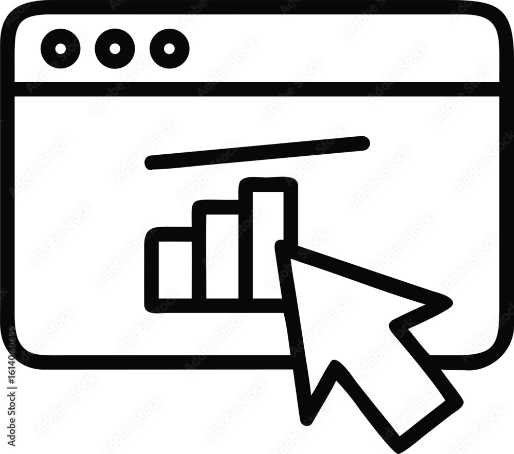 Poster online analytical interface: a minimalistic illustration of a web browser window featuring a rising 