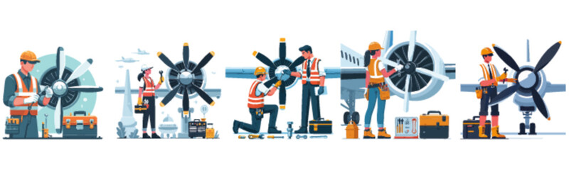 Multiple technicians working on airplane propellers, performing maintenance and repairs.