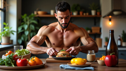 Fit man preparing clean meals in kitchen with vegetables after completing weight loss program