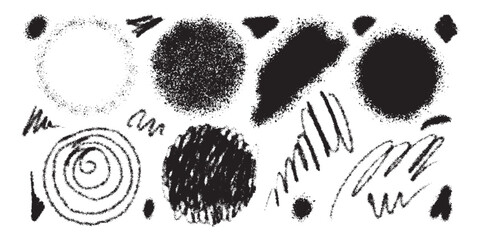 Black ink style splash, blobs and stains textures made with paint. Grunge dirty shapes as design elements. Vector graphic resources.