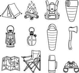 Silhouette camping and outdoor recreation gear icons set vector illustrator