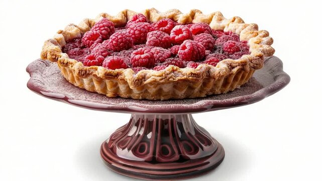 A delicious-looking raspberry pie on a decorative cake stand