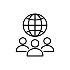 Global Business and Employees Icon Linear Style with Globe and People, Editable Stroke Vector