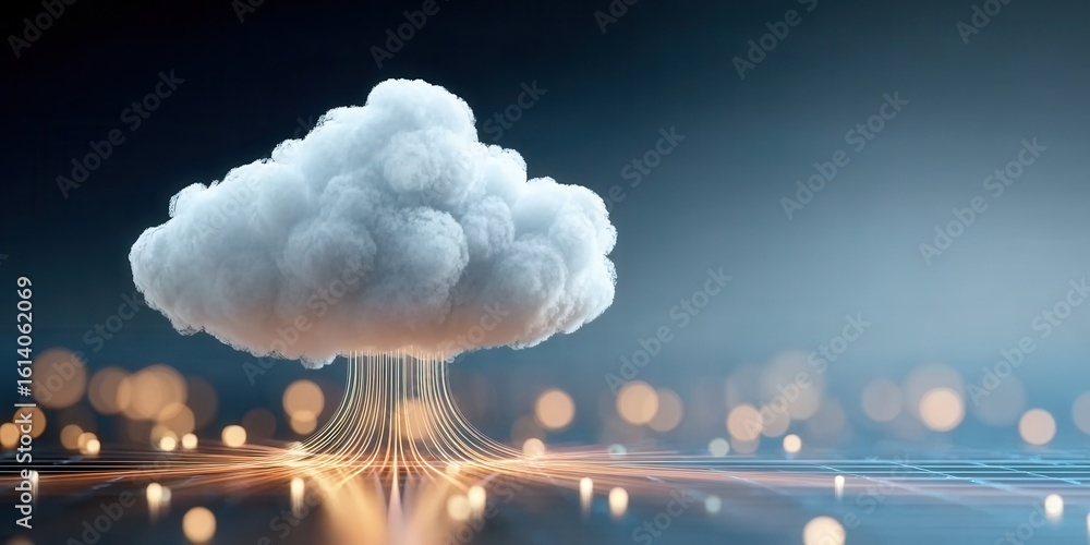 Poster digital cloud over glowing grid illustrating data flow in modern technology