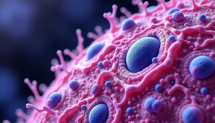 Microscopic View of Biological Cell in 3D Style with Pink and Blue Colors Representing Molecular Structure and Scientific Research