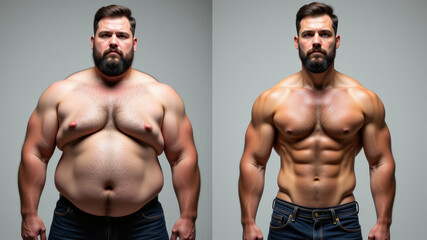 Dramatic body transformation of man from obese to muscular after intense weight loss journey