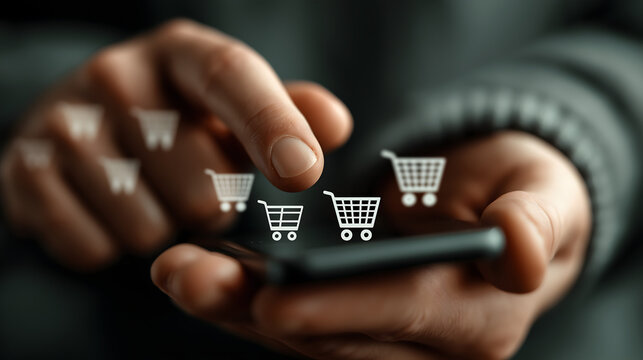 Close-up of hand using smartphone for online shopping, with shopping cart icons floating above screen, symbolizing e-commerce and digital retail.
- Powered by Adobe