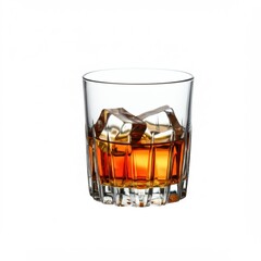 A glass of whiskey with ice cubes on a white background creates an atmosphere of elegance and comfort, perfectly emphasizing the amber color of the drink and the stylish design.