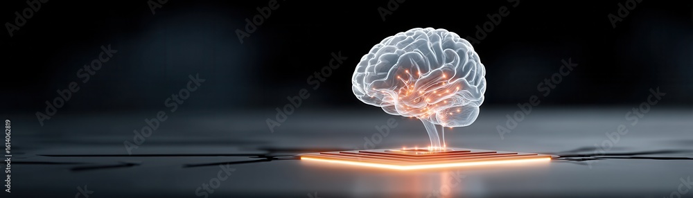Poster advanced brain computer interface technology showcases futuristic connectivity above a glowing surfa