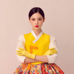 Bold yellow Hanbok with floral skirt and strong expression