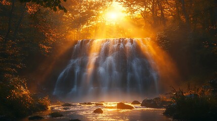 Waterfall in forest at sunrise
