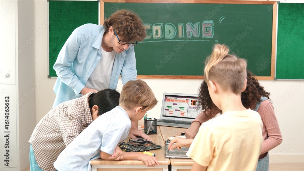 Poster cute energetic children working on electronic board while teacher using tablet analyze data. group o