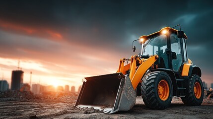 Orange bulldozer at sunset over city construction site