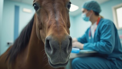 horse with alert expression sits in veterinary clinic. Blurred medical professional in blue uniform in background