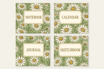 Hand drawn daisy pattern decorating four notebook and sketchbook covers, set against verdant green background, offering stylish stationery design for creative journaling
