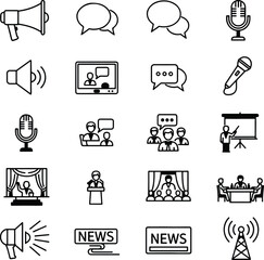 Silhouette communication icons set meeting presentation and broadcast vector illustrator