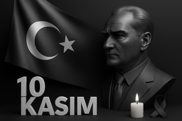 Commemorating mustafa kemal ataturk's legacy with bronze bust, turkish flag, memorial candle, black ribbon marking national day of mourning on november 10th