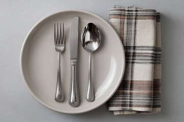 Natural colors. Casual dining or lifestyle. Set for everyday dining, consisting of a fork, knife, and spoon on a white background.