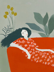 Stylized woman lying on a retro couch
