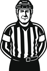 A black and white vector illustration of a hockey referee in uniform with arms behind his back.