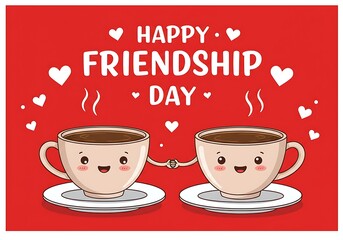 Adorable cartoon coffee cups celebrating happy friendship day with hearts and warm wishes