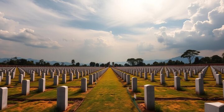 Serene view of Kohima War Cemetery, meticulously maintained rows of headstones under a vast sky,  memorial,  tourism
