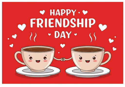 Adorable cartoon coffee cups celebrating happy friendship day with hearts and warm wishes