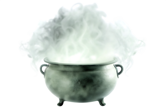 Bubbling cauldron with white smoke isolated on a transparent background
