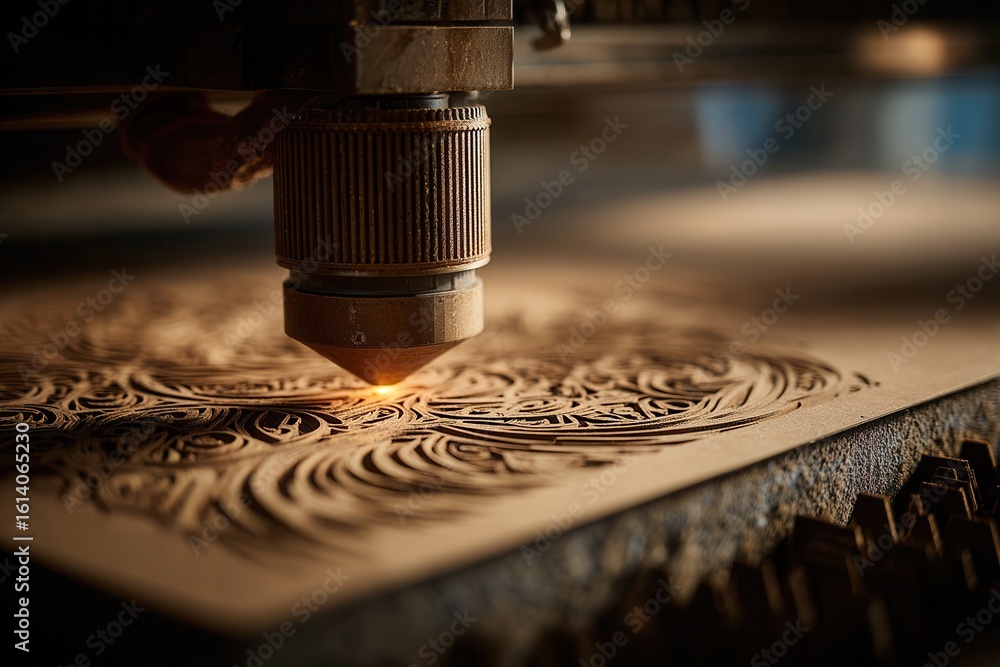 Poster laser cutting machine creating intricate cardboard patterns in a workshop
