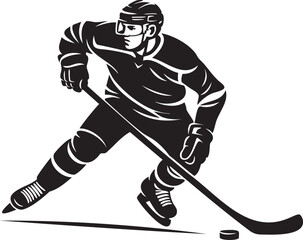 Silhouette of a hockey player in action, skating and using a hockey stick.