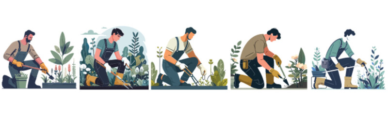 Fototapeta premium Four gardeners tending plants in a garden setting.