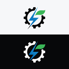 A modern eco energy logo design with gear, leaf, and lightning bolt elements, isolated on white background