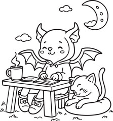 Bat-Eared Character with Sleeping Cat on Open Book – Whimsical Nighttime Coloring Page Featuring Crescent Moon, Stars, and Cozy Animal Companionship