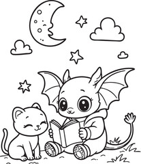 Bat-Eared Character with Sleeping Cat on Open Book – Whimsical Nighttime Coloring Page Featuring Crescent Moon, Stars, and Cozy Animal Companionship
