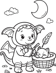 Bat-Eared Character with Sleeping Cat on Open Book – Whimsical Nighttime Coloring Page Featuring Crescent Moon, Stars, and Cozy Animal Companionship