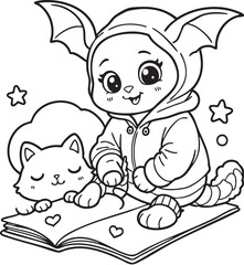 Bat-Eared Character with Sleeping Cat on Open Book – Whimsical Nighttime Coloring Page Featuring Crescent Moon, Stars, and Cozy Animal Companionship