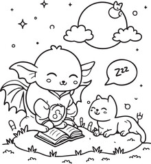 Bat-Eared Character with Sleeping Cat on Open Book – Whimsical Nighttime Coloring Page Featuring Crescent Moon, Stars, and Cozy Animal Companionship