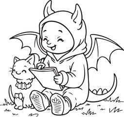 Bat-Eared Character with Sleeping Cat on Open Book – Whimsical Nighttime Coloring Page Featuring Crescent Moon, Stars, and Cozy Animal Companionship