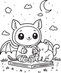 Bat-Eared Character with Sleeping Cat on Open Book – Whimsical Nighttime Coloring Page Featuring Crescent Moon, Stars, and Cozy Animal Companionship