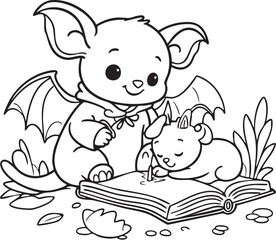 Bat-Eared Friend Drawing Beside Goat-Like Companion Outdoors – Whimsical Kids’ Coloring Page with Pencil Sketch Scene and Nature Elements
