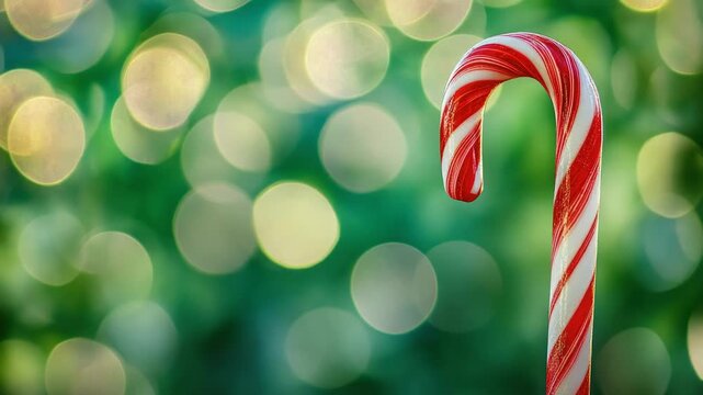 A single red and white striped candy cane sits atop a table, awaiting use or decoration