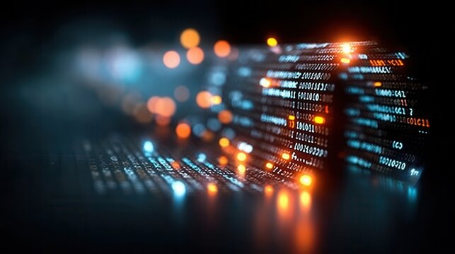 Glowing computer code and bokeh lights on dark background