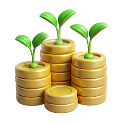 Stacks of gold coins with growing green plants isolated on transparent background