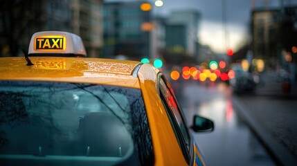 Taxi sign on a yellow cab in Berlin during evening rush hour