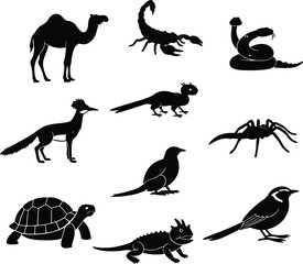 Silhouette desert animals collection camel scorpion snake vector illustrator