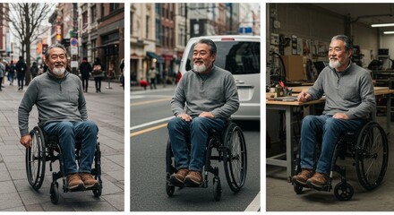 Resilient asian man navigating life with a wheelchair, blending into city activity